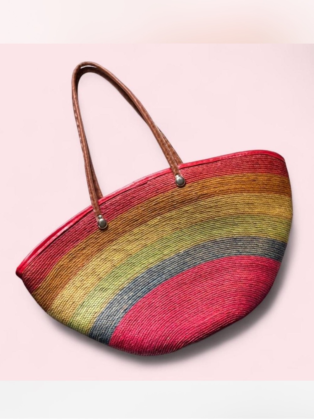 Multicolor Straw Rainbow Tote Bag with Brown Handles